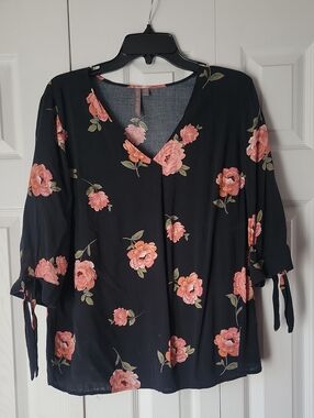 Black Floral V-Neck Blouse with Pink Rose Print